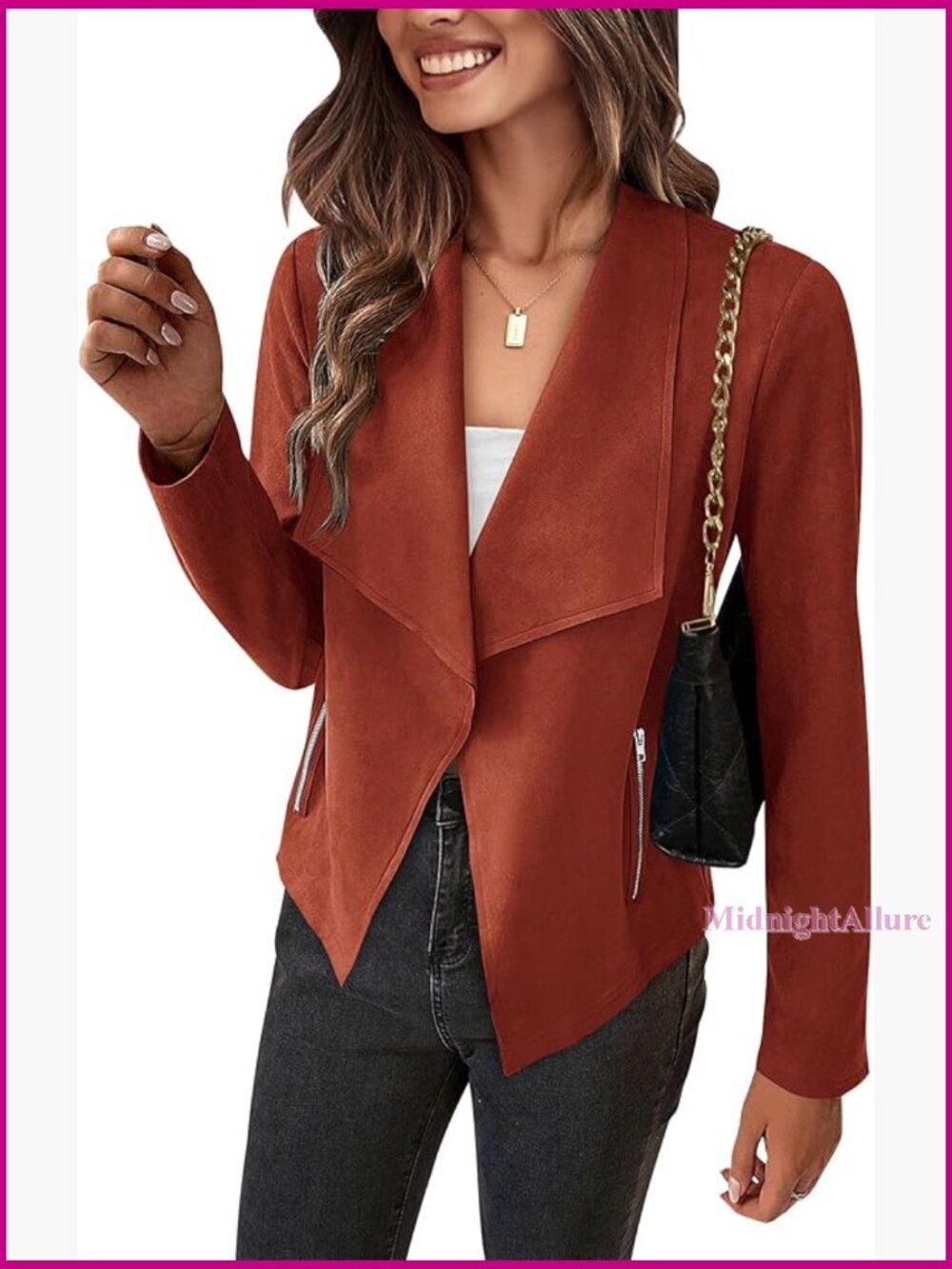 Faux Suede Cropped Jacket Long Sleeve Open Front Waterfall Collar Casual